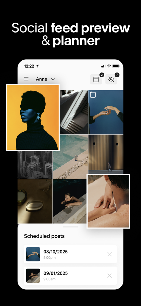 Vorschau des sozialen Feeds und Benutzeroberfläche zur Beitragsplanung, die ein kuratiertes Bilderraster zeigt.