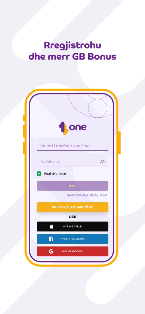 My One (AL) - Pantalla de inicio de sesión y registro para la aplicación My One AL con opciones de inicio de sesión por correo electrónico y redes sociales.