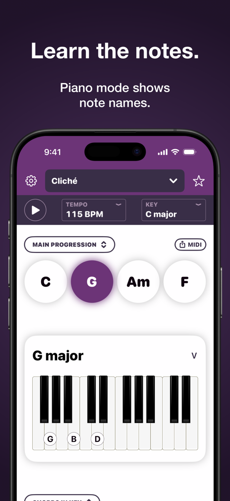Autochords - A screenshot of the Autochords app showing a piano chord diagram for G major with note labels