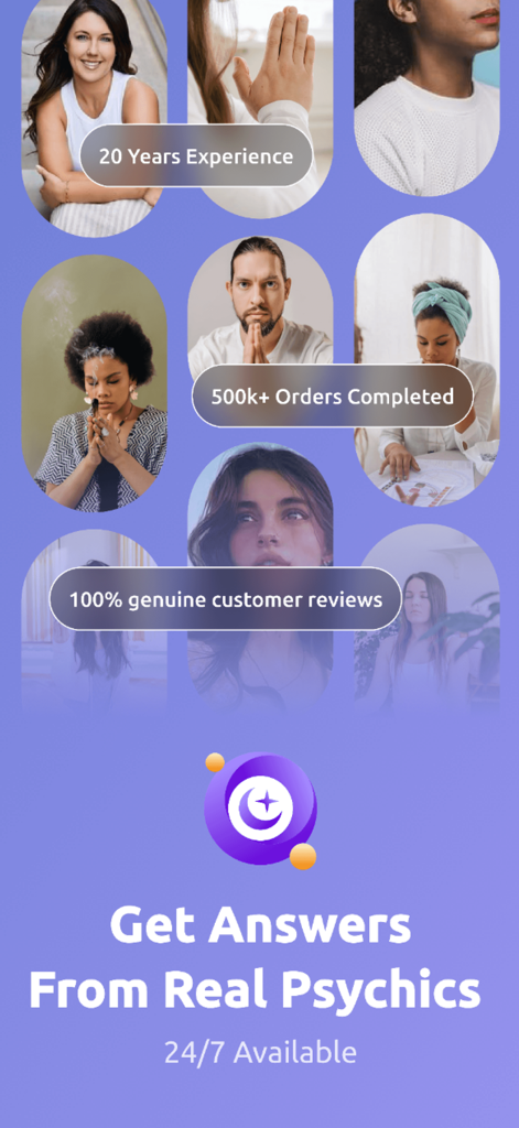 Soulight-Online Psychic Advice - Écran promotionnel de l'application Soulight présentant divers conseillers psychiques expérimentés et disponibles 24h/24 et 7j/7