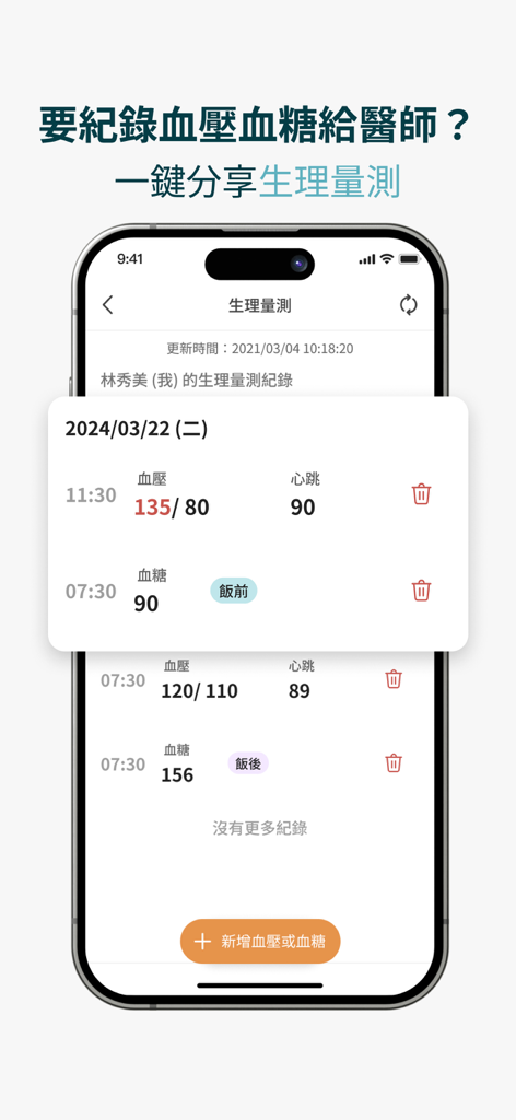 振興e點通 - Interfaz de la aplicación móvil que muestra mediciones fisiológicas, incluyendo registros de presión arterial y azúcar en sangre, con un botón para agregar nuevos datos.