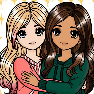 two pretty teenage girls with long hair hugging each other