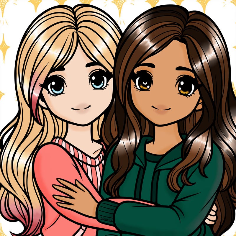 two pretty teenage girls with long hair hugging each other