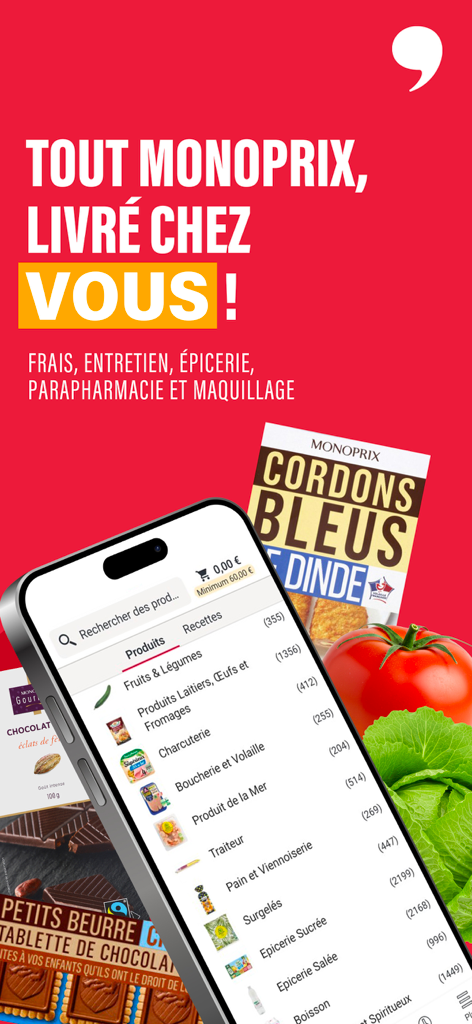 Monoprix.fr Courses - Interface de l'application Monoprix montrant les catégories d'aliments et le service de livraison