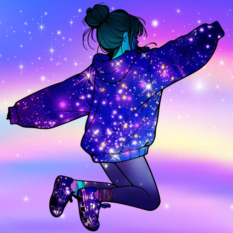 realistic girl jumping with a bun and oversized sweatshirt