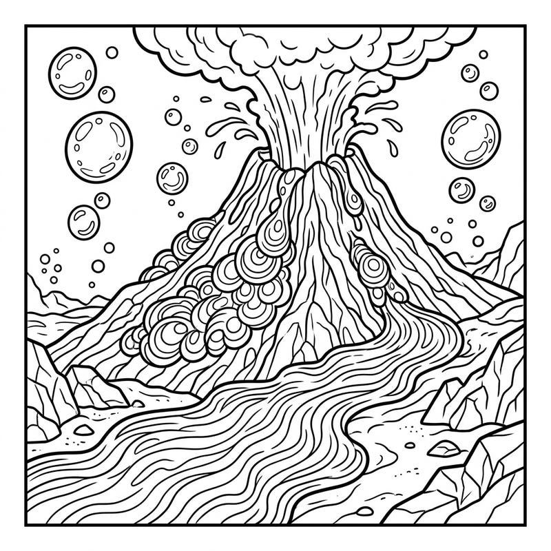 Explore the mysteries of the deep sea with this exciting submarine lava coloring page. Watch as a vibrant underwater volcano erupts, surrounded by playful bubbles, perfect for young adventurers to color.
