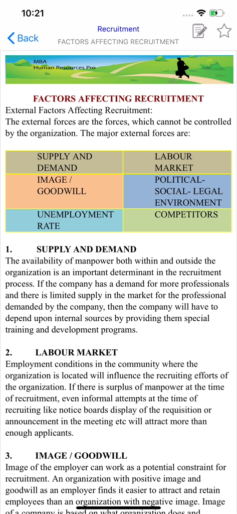 Tela educacional do aplicativo MBA Gestão de Recursos Humanos explicando fatores externos que afetam o recrutamento.