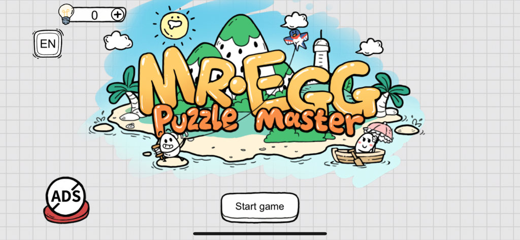 Mr. Egg- Puzzle Master - Main menu screen of Mr Egg Puzzle Master showing doodle art of egg characters on an island