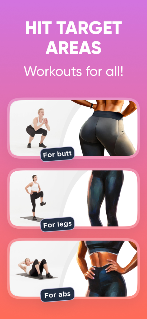 EasyFit - Lazy Workout at Home - Pantalla de la aplicación EasyFit que muestra entrenamientos dirigidos para glúteos, piernas y abdominales.