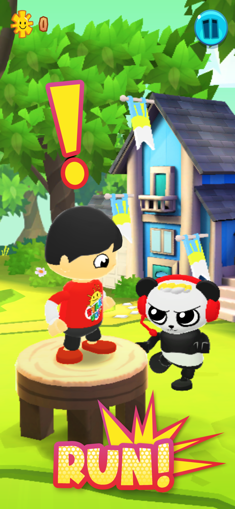 Tag with Ryan - Ryan and Combo Panda characters in the Tag with Ryan mobile game with a RUN text overlay