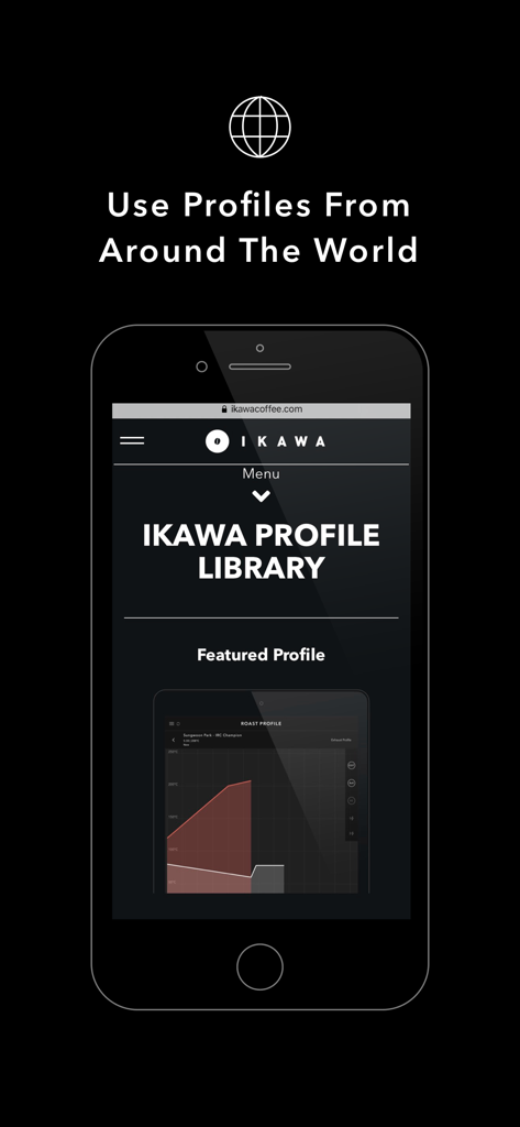 IKAWA Pro - A smartphone displaying the IKAWA Pro coffee roast profile library with a headline about using profiles from around the world