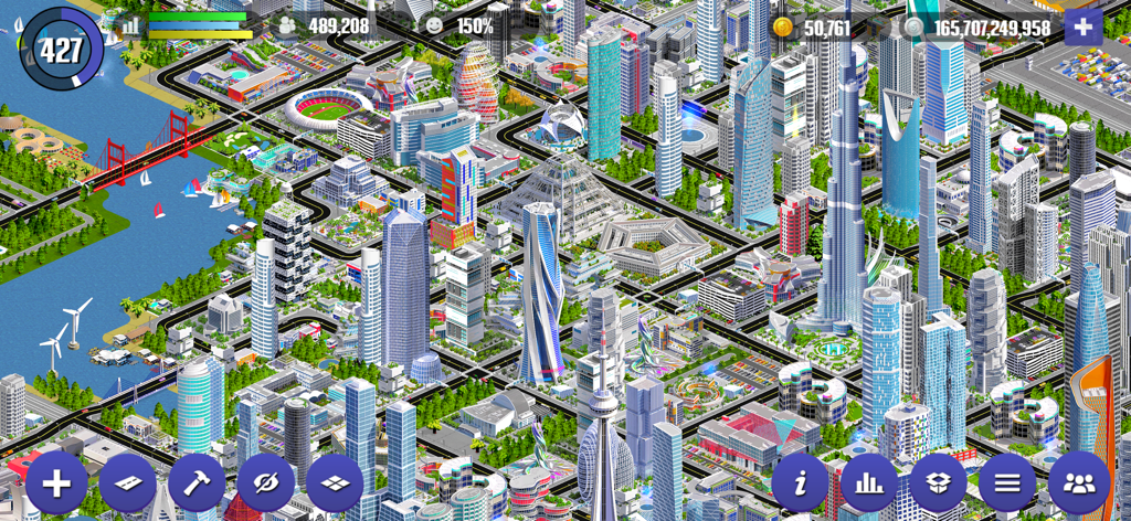 Designer City 2 - Horizonte de ciudad de alta densidad con rascacielos y puntos de referencia en el juego de simulación Designer City 2