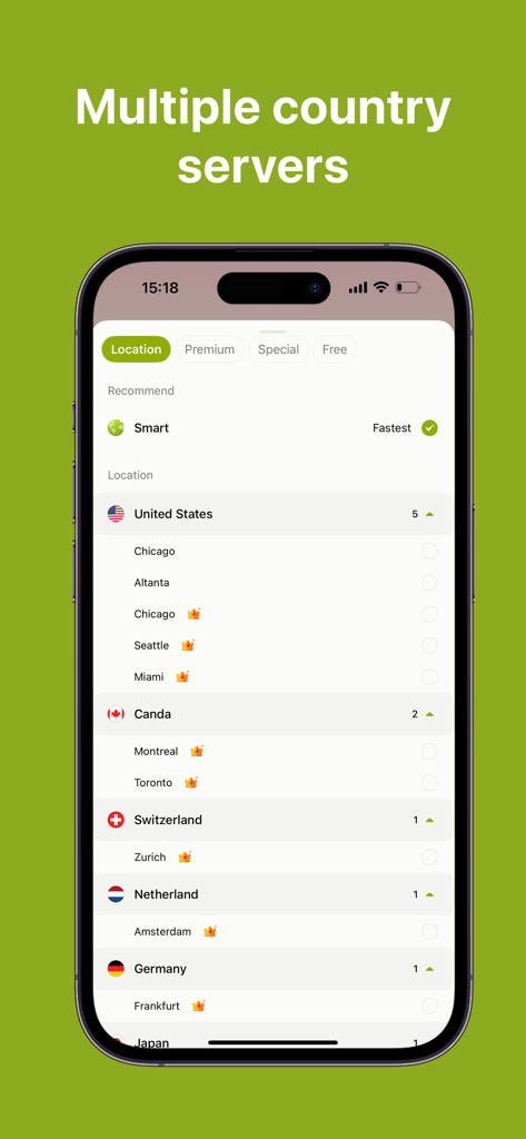 Kiwi VPN: Net Security - Interface de Kiwi VPN affichant plusieurs emplacements de serveurs mondiaux pour une connexion rapide