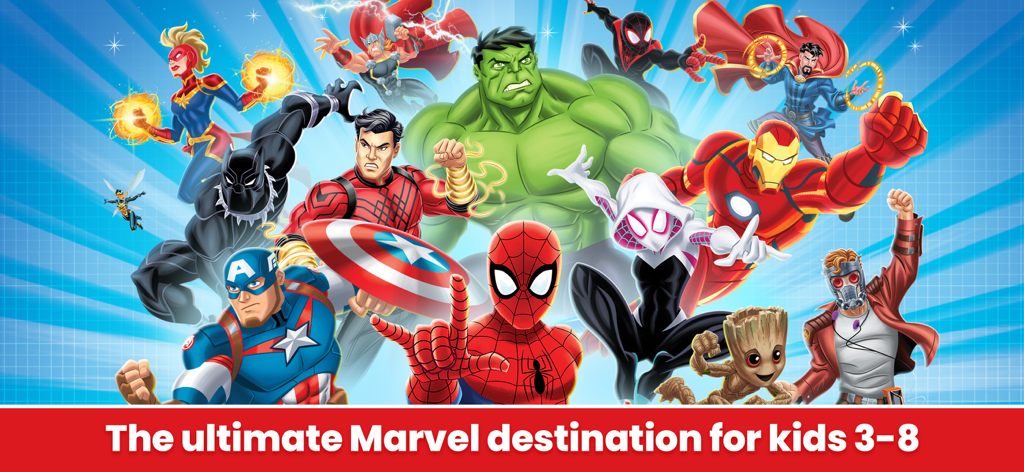 Superhéroes de Marvel, incluyendo Spider-Man, Hulk y Capitán América, sobre un fondo azul para la aplicación Marvel HQ para niños