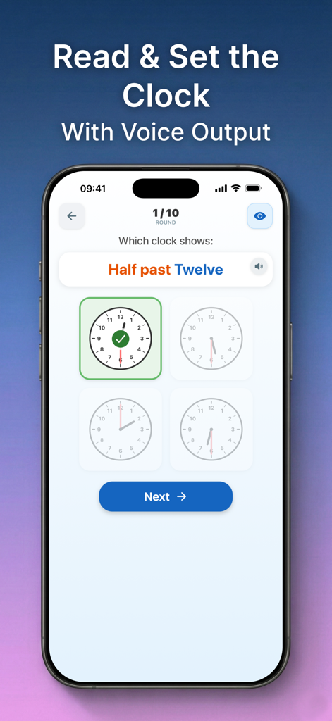 Educational app screen showing a multiple choice quiz for children to identify half past twelve on an analog clock face.