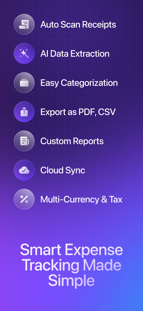 Aperçu des fonctionnalités de l'application Smart Receipts, notamment l'extraction de données par IA et les options d'exportation sur fond violet