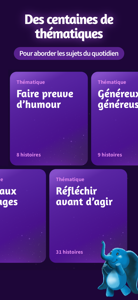 Souffleur de Rêves - A screen displaying various educational and social-emotional audio story themes for children.