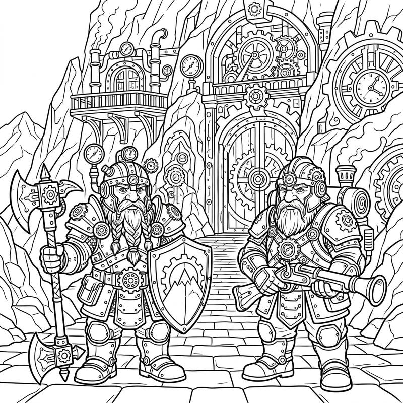 Step into a world where ancient dwarven might meets industrial steampunk innovation. This intricate coloring page showcases two valiant Dwarf Guardians protecting their gear-laden mountain stronghold, ready for your creative touch.
