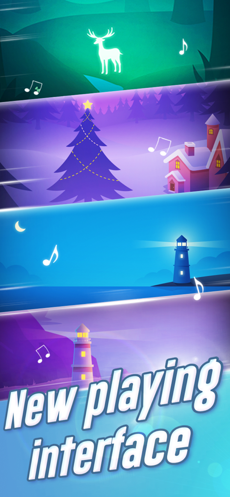 Vista previa de varias interfaces de juego estéticas y coloridas en el juego Dream Piano