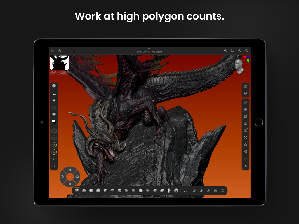 Modelo 3D detalhado de um dragão sendo esculpido no ZBrush para iPad com contagens de polígonos altas