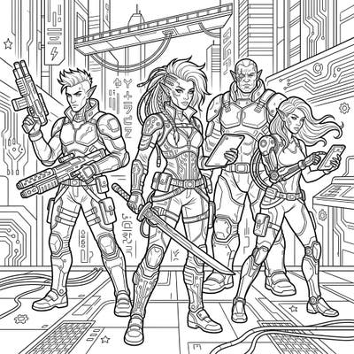 Journey into a thrilling fusion of fantasy and future with our Dark Elves Cyberpunk coloring page. Discover intricate details of armored warriors, high-tech enhancements, and a dynamic sci-fi cityscape, ready for your creative touch.