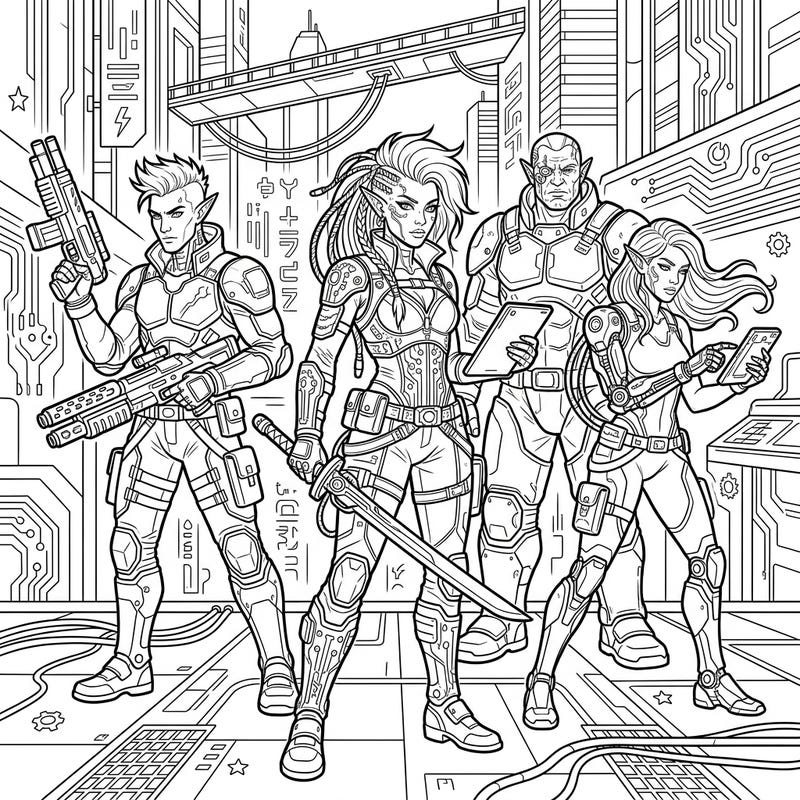Journey into a thrilling fusion of fantasy and future with our Dark Elves Cyberpunk coloring page. Discover intricate details of armored warriors, high-tech enhancements, and a dynamic sci-fi cityscape, ready for your creative touch.