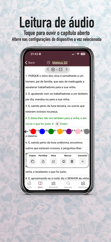 Bíblia Almeida Atualizada - Interface do aplicativo Bíblia Almeida Atualizada mostrando destaque de texto e recursos de leitura de áudio