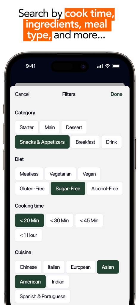 foodela – tasty meal recipes - Pantalla de aplicación móvil que muestra filtros de búsqueda de recetas por tipos de comida y tiempo de cocción
