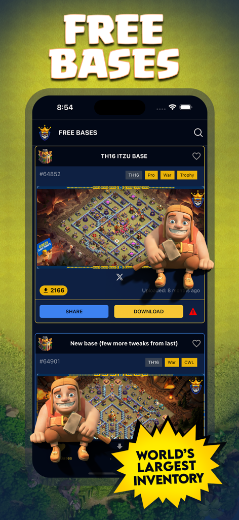 Captura de tela do aplicativo Clash Champs mostrando uma lista de layouts de base profissionais gratuitos para o Centro de Vila 16 do Clash of Clans.