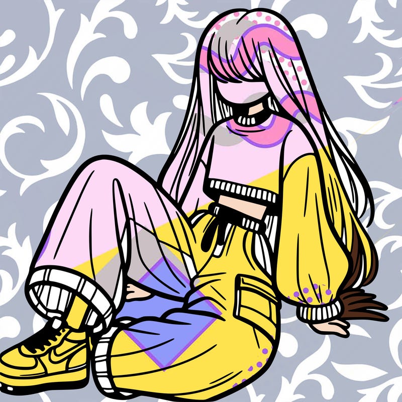 a girl with baggy pants and a crop top with long hair