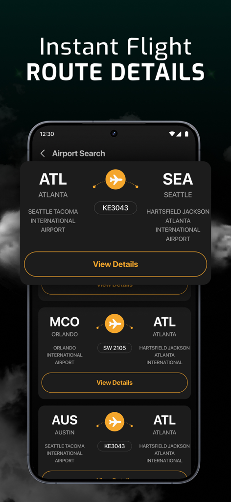 Flight Tracker | Planeradar 24 - Planeradar 24 App-Bildschirm mit sofortigen Flugrouten-Details mit Flughafen-Codes für Atlanta, Seattle und Orlando