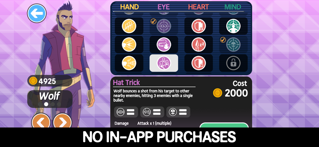 Ticket to Earth - Ticket to Earth character ability menu showing Wolf and the no in-app purchases banner
