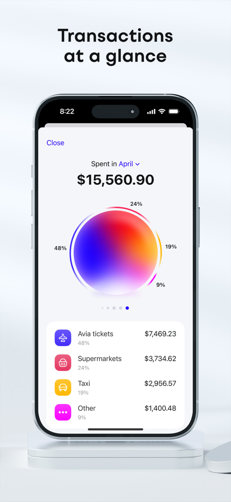 Plata Card app interface showing a colorful circular spending chart and a list of transaction categories like airfare and supermarkets.