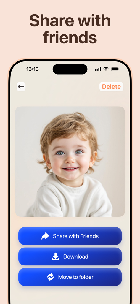 Interface of the Future Baby Generator app displaying an AI generated baby face and share buttons