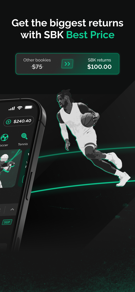 SBK Online Sportsbook Indiana - SBK Online Sportsbook Indiana app promotion showing higher returns with Best Price compared to other bookies.