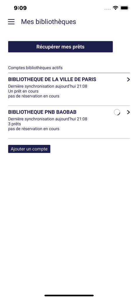 Interface of the Baobab app showing active library accounts and loan retrieval options in French.