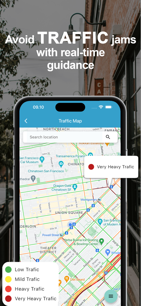 Live Earth Map & GPS Map - A mobile app interface showing a real-time traffic map with color-coded traffic density and a search bar