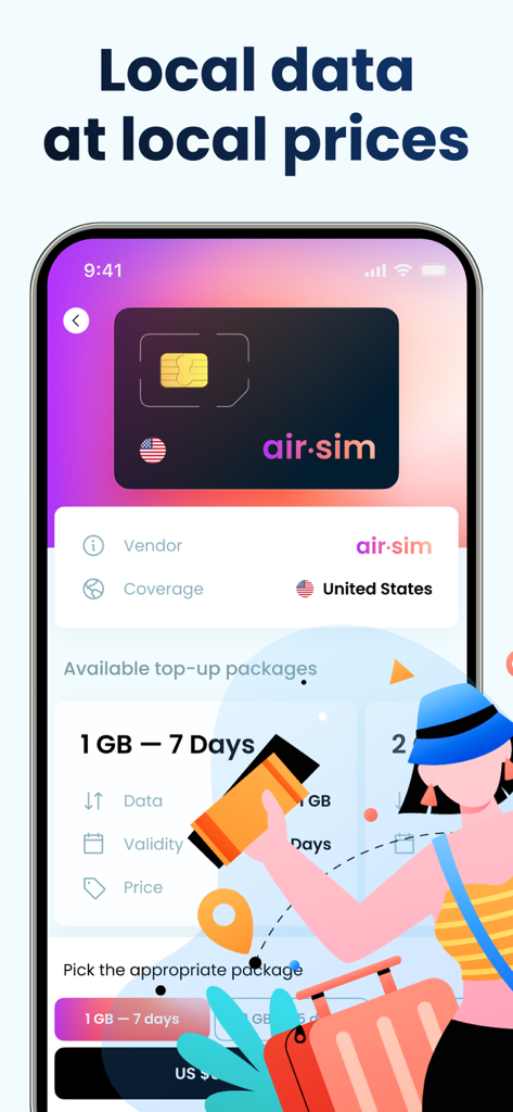 Air Sim app interface displaying local data plans and US eSIM activation for international travelers