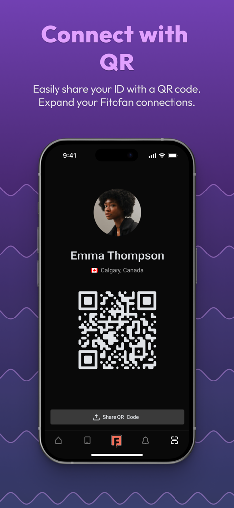 Fitofan - Fitofanアプリのインターフェース。ユーザープロフィールに、簡単なソーシャルネットワーキングと接続のためのユニークなQRコードが表示されています。