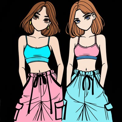 two girls with crop top with baggy pants