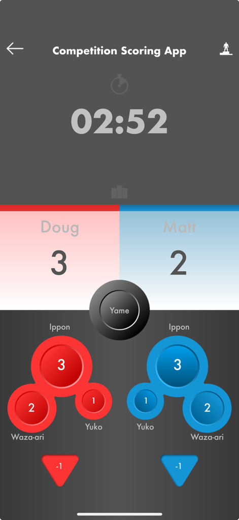 Movements Karate - A digital karate competition score tracker showing a timer and point buttons for two competitors named Doug and Matt.