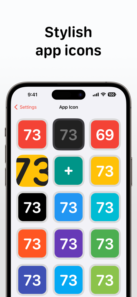 Tally app settings screen showing various colorful and minimalist app icon options.