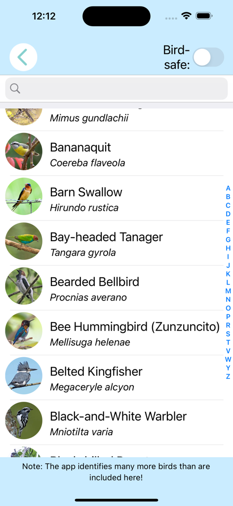 ChirpOMatic Caribbean - A scrollable list of Caribbean birds in the ChirpOMatic app featuring photos and scientific names