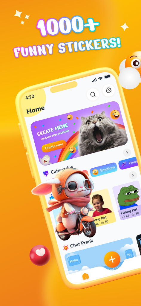 Funny Emoji - WASticker Maker - Pantalla de inicio de Funny Emoji WASticker Maker mostrando varias categorías de stickers de memes y un botón de crear meme
