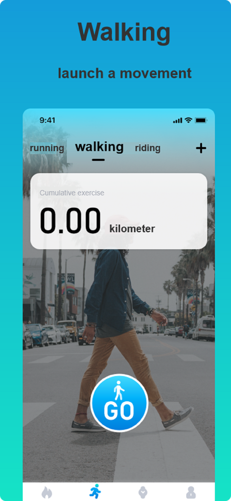 Zmoofit - Zmoofit app interface showing walking activity tracking with a large start button and distance display