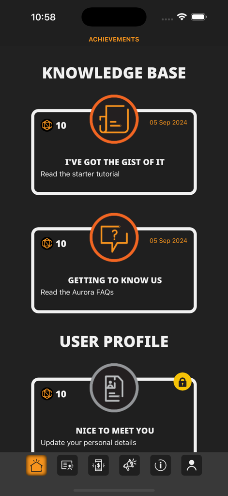 Aurora Studio App - Pantalla de logros de la aplicación Aurora Studio que muestra el progreso del usuario en hitos de la base de conocimientos y el perfil del usuario