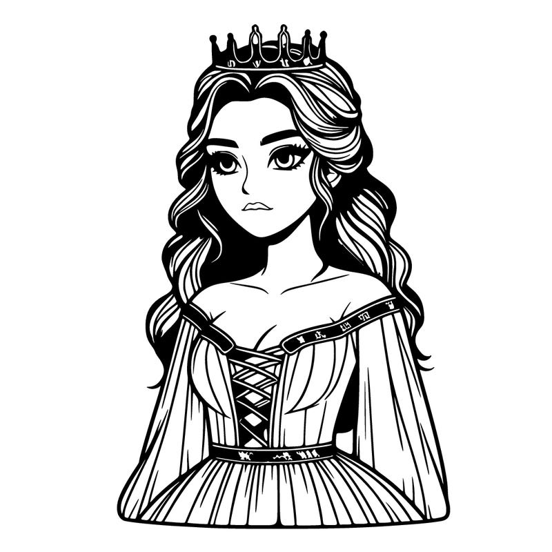 realistic woman with a crown of her head and a long dress. with a nose