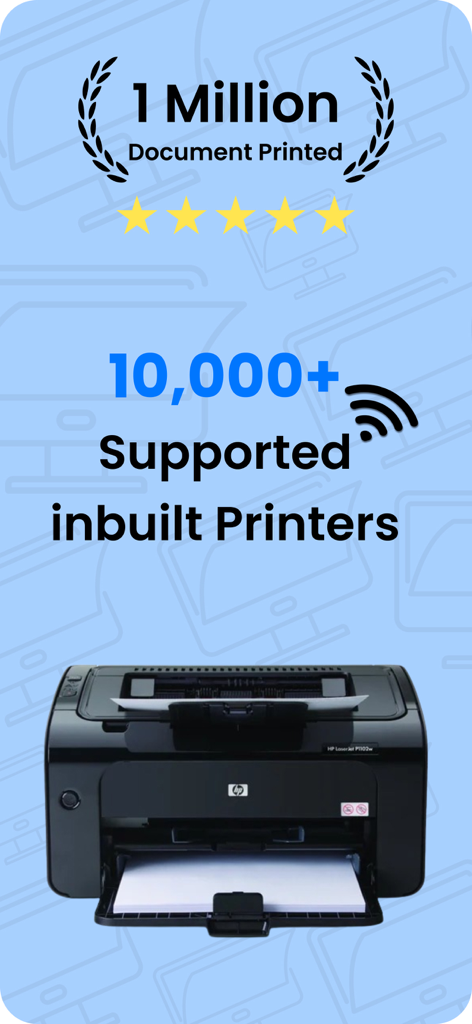 Printer App iprint Smart Print - Graphic showing iprint Smart Print app supports over 10,000 printers and has reached 1 million documents printed.