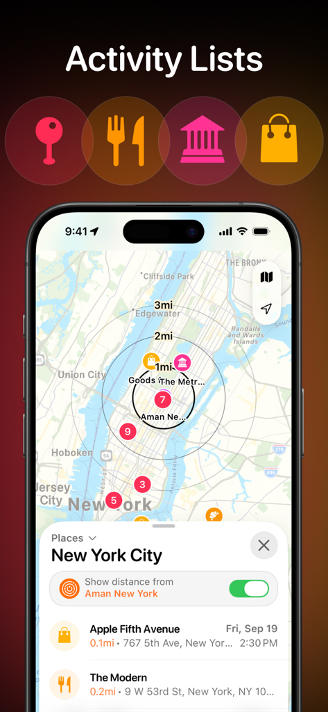 Tripsy app displaying a travel itinerary map of New York City with activity lists and proximity markers from a central location.