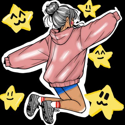 realistic girl jumping with a bun and oversized sweatshirt